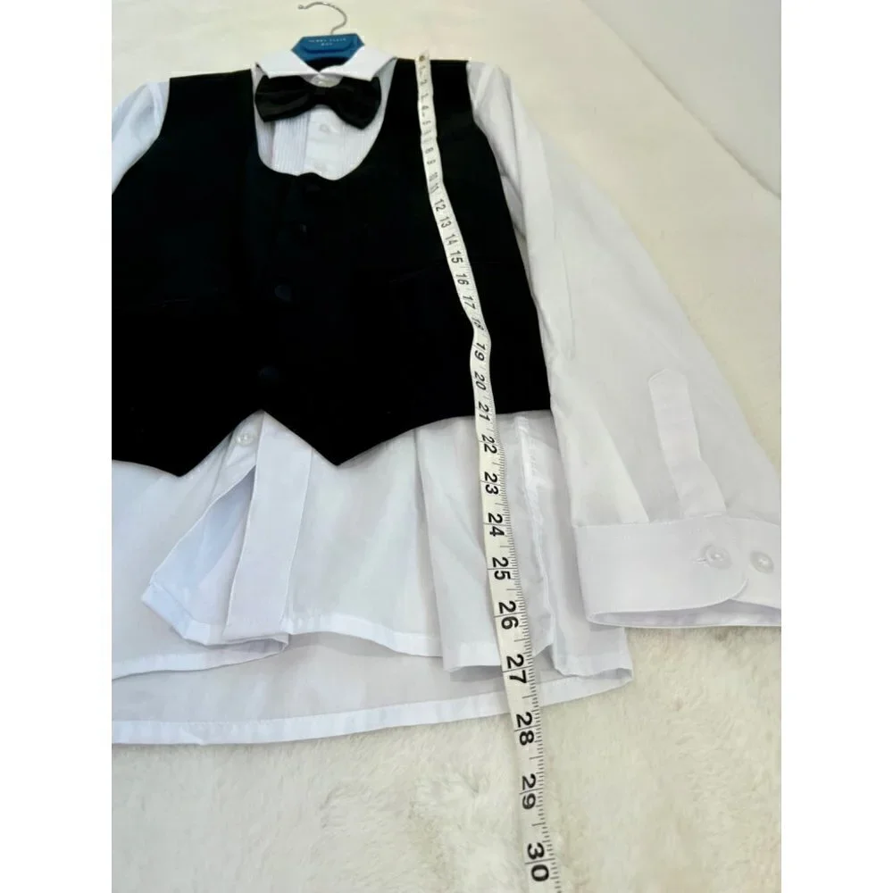 New Perry Ellis Boy's Size 16 White Tuxedo shirt,Black vest & bow tie adjustable